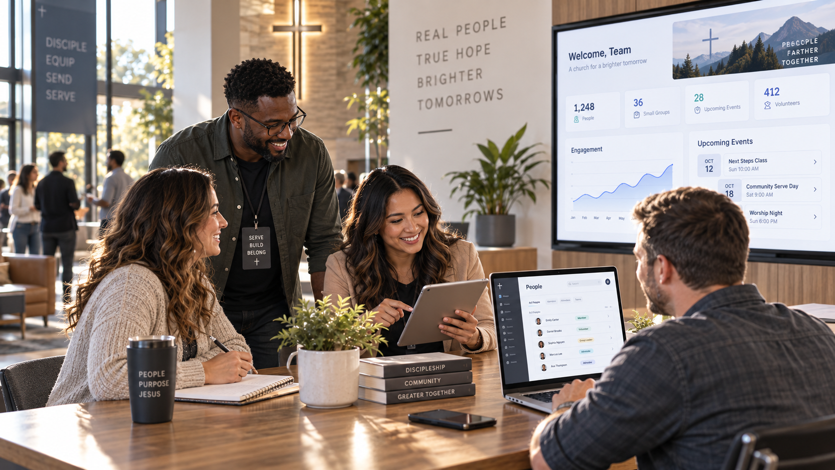Church administrators using software